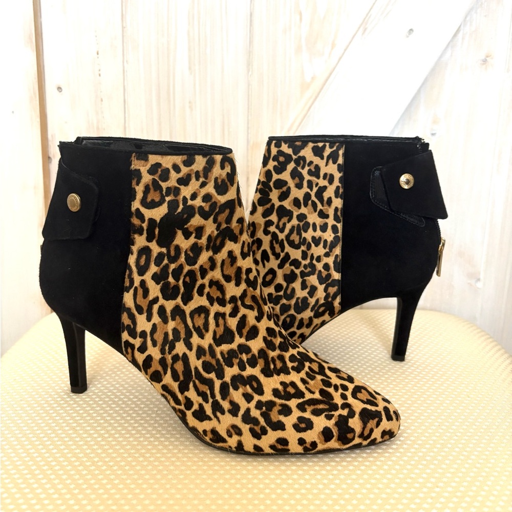 Cole Haan Black and Leopard Print Calf Hair Suede Ankle Booties 9.5